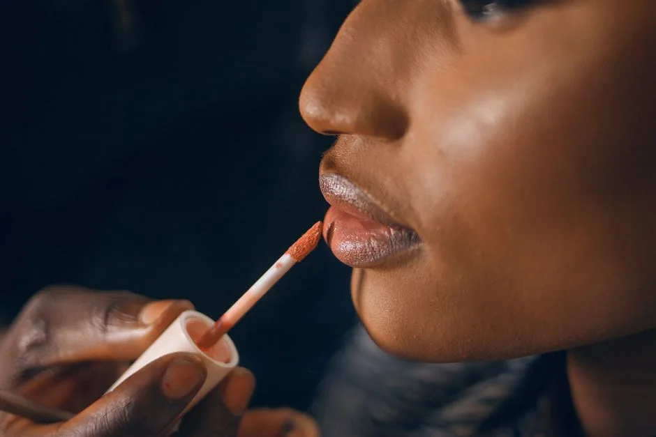 A detailed close-up of glossy lipstick being applied to a woman's lips, highlighting beauty and fashion trends.