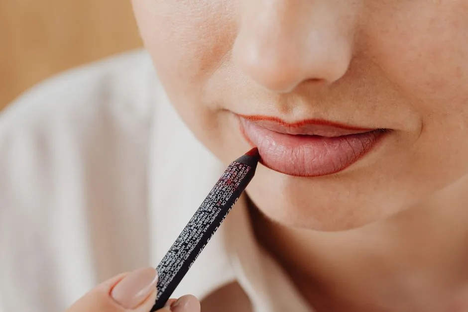 Close-up view of a woman applying lipstick using a makeup pencil, highlighting beauty and cosmetic details.